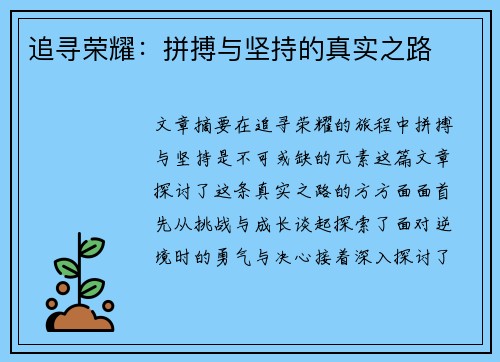 追寻荣耀：拼搏与坚持的真实之路